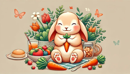 Obraz premium illustration of a cute rabbit holding a carrot with a smile on his face