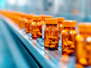 Assorted pills on a conveyor belt in a pharmaceutical manufacturing facility