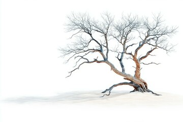 Bare tree with no leaves standing alone in a winter landscape against a clear blue sky