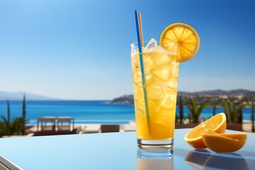 Refreshing citrus drink by the turquoise sea on a sunny day. Generative AI