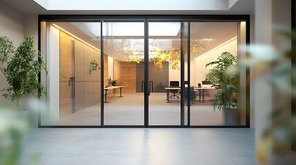 Modern Workspace Entrance A contemporary office featuring a glass-enclosed workspace with double doors and a well-lit interior visible from the outside