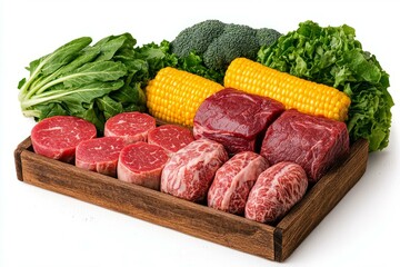 Wooden tray filled with assorted meat vegetables and corn on a rustic table