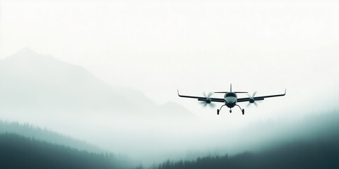 Fototapeta na wymiar Small airplane flying in foggy mountains. Aviation and adventure concept