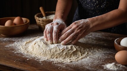 Fototapeta premium pair of hands kneading dough on a wooden surface. The hands are covered in flour, which is visible on the surface. In the center of the image, there is a ball of dough that is being kneaded.