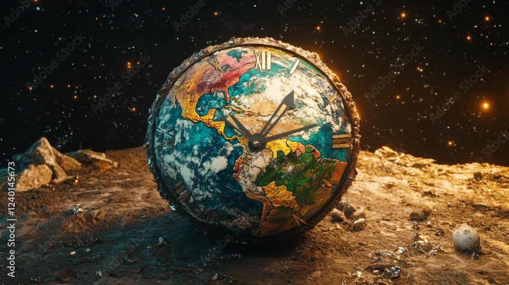 Poster artistic representation of a clock integrated with a globe resting on a celestial surface under a st