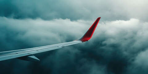 Airplane wing in clouds at sunset. Travel and transportation background