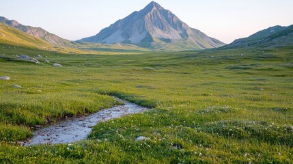 Fototapeta premium Mountain meadow stream sunrise landscape travel