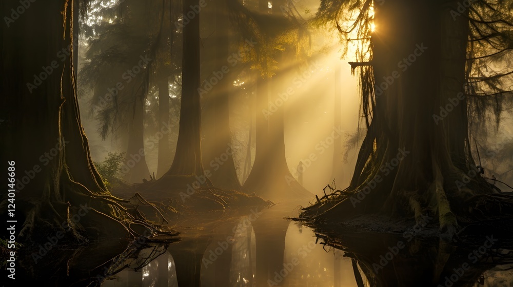 Poster enchanting misty forest with towering ancient trees and soft golden light serene and atmospheric lan