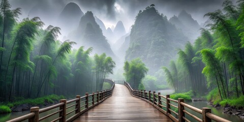 Fototapeta premium Misty Mountain Path A Serene Wooden Bridge Across a Tranquil Stream, Enveloped by Lush Bamboo Forest