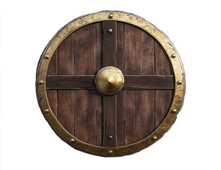 Fototapeta premium Round wooden shield with gold rim and boss.