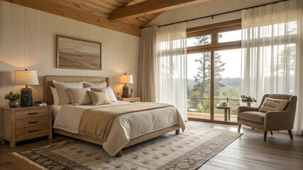 Cozy rustic bedroom, wooden beam ceiling, large comfortable bed, neutral color palette, bedside lamps, sliding glass doors, mountain view, natural light, plush area rug, armchair, nightstands, calm at