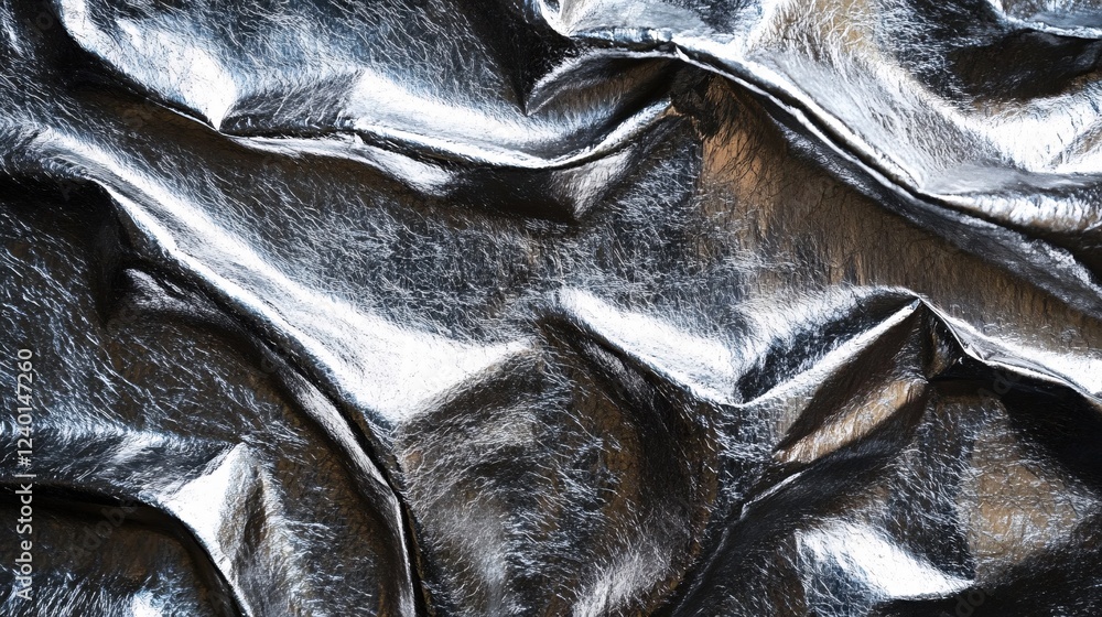 Aufkleber shiny silver fabric with wrinkles and folds creating a textured abstract metallic surface