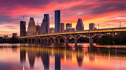 Naklejka premium Beautiful sunset paints Houston skyline over calm waters. Generative AI