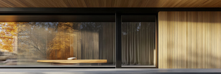 Modern wooden design with expansive glass in serene forest setting during autumn afternoon