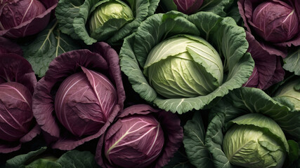 Obraz premium A vibrant close-up showcasing a variety of cabbages, their rich colors and textures highlighted against the backdrop of lush green leaves.