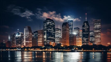 Obraz premium Vibrant Houston skyline illuminated at night showcasing architectural beauty. Generative AI