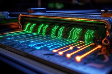 Innovative technology showcase modern laboratory visual display urban setting close-up circuitry and design concepts