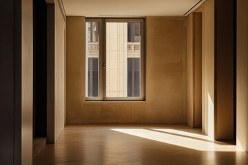 Obraz premium Modern minimalist interior with sunlight pouring through large window in urban setting