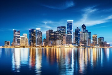 Naklejka premium Stunning skyline illuminated by the reflections in the water at dusk. Generative AI