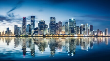 Fototapeta premium City skyline reflecting in the water during twilight hours. Generative AI
