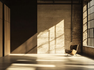 Sunlight casts shadows in a minimalist interior with a vintage chair in a spacious room