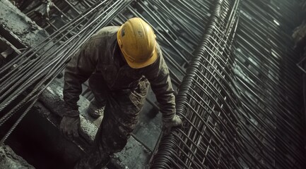 Worker installing rebar, construction site, overhead view, urban development