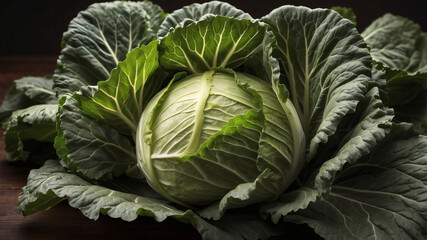 Obraz premium A fresh, whole cabbage sits nestled amongst its vibrant green leaves, ready for harvest or culinary use.