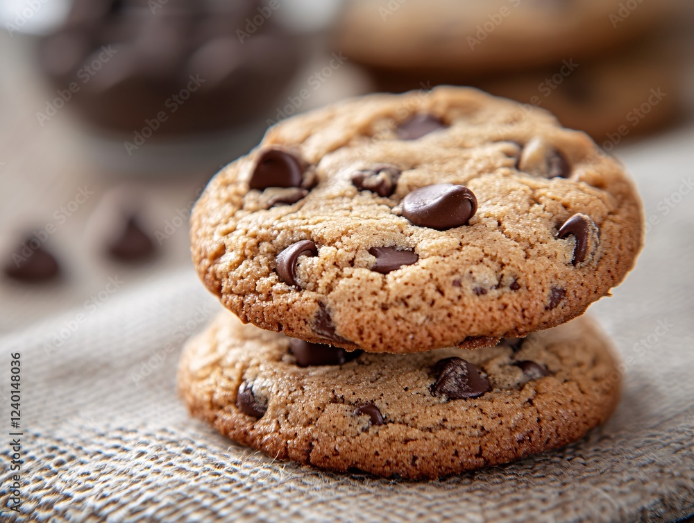 Poster stack of delicious chocolate chip cookies on a textured surface with blurred background