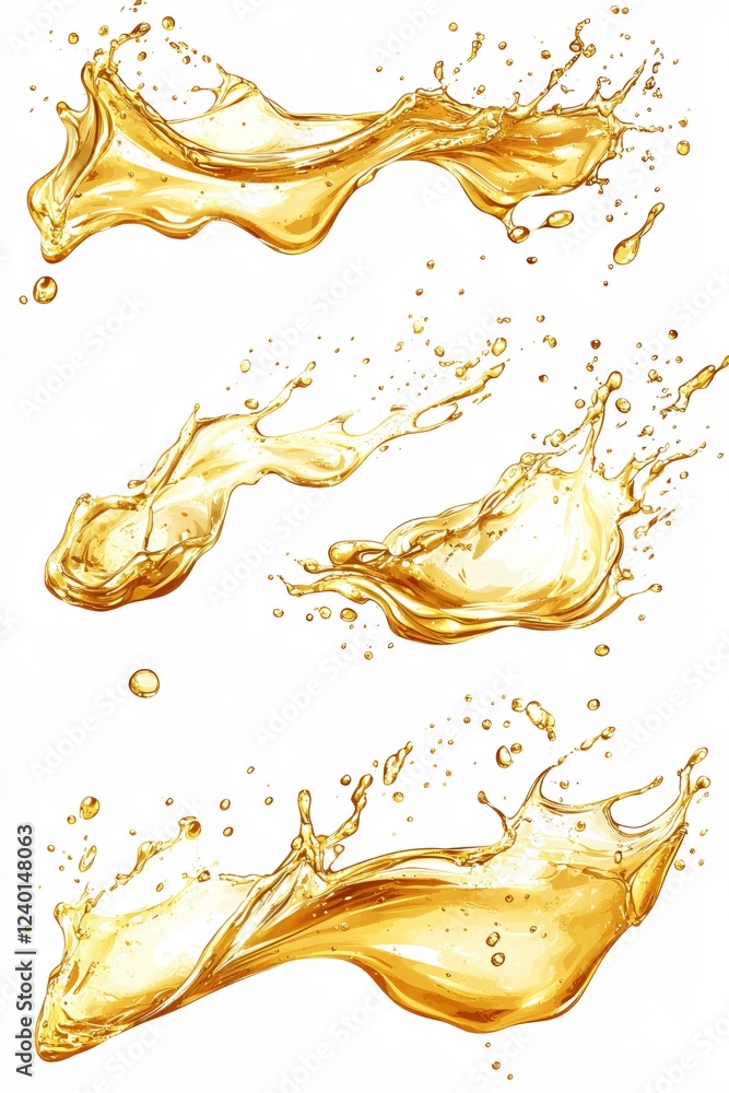 Poster three golden liquid splashes with droplets on a white background in a dynamic illustration style