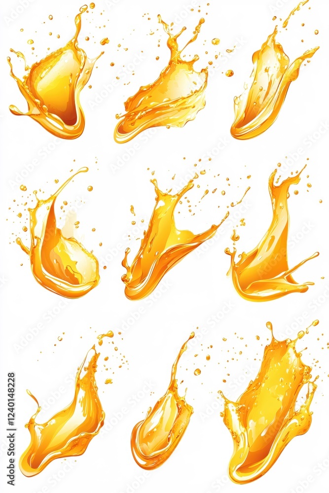 Poster dynamic orange liquid splash set on white background with motion and vibrant color