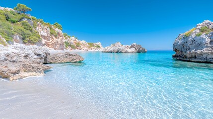 Obraz premium Secluded cove beach, turquoise water, sunny day, rocky cliffs, travel destination
