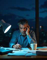 a man sitting at a desk with a laptop and a cup