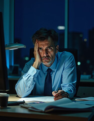 a man in a blue shirt and tie sitting at a desk