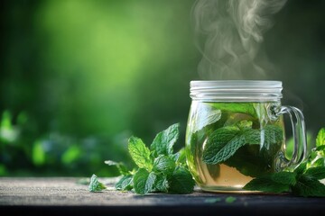 Steaming Glass of Fresh Mint Tea Outdoors