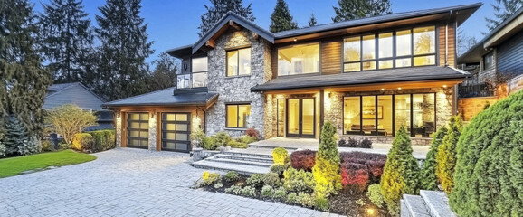 Fototapeta premium Beautiful modern house with stone and wood accents in serene neighborhood during dusk