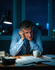 a man sitting at a desk with a cup of coffee