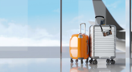 Suitcases at an airport terminal. Travel concept. 3d rendering