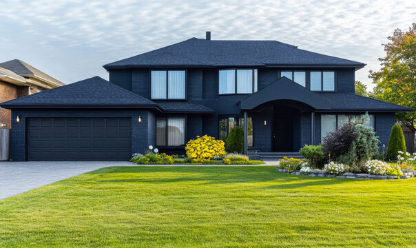 Modern black house with vibrant landscaping in suburban neighborhood during morning light - Powered by Adobe