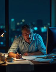 a man sitting at a desk with a laptop and a pen