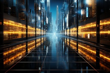 Futuristic urban landscape illuminated by vibrant neon lights at night. Generative AI