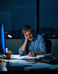 a man sitting at a desk with a laptop and a pen