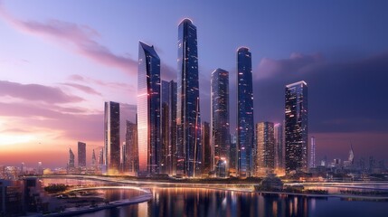 Stunning 3D illustration of a futuristic smart city with illuminated skyscrapers at sunset. Modern urban landscape represents innovation, technology, and advanced infrastructure.