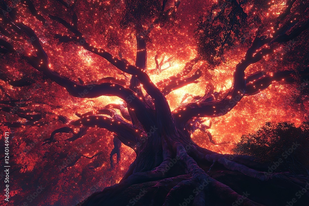 Poster colossal tree with intertwining branches glowing against a vivid backdrop at dusk