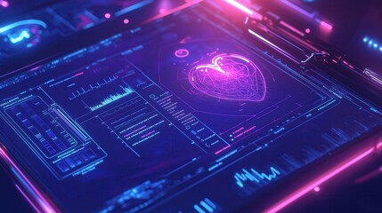 3D illustration of a futuristic biometric health scan displaying digital heart monitoring and medical data, high-tec interface for AI driven healthcare and diagnostics.