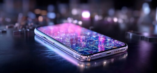 Cityscape displayed on phone screen, futuristic setting.  Tech ad