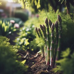 Fresh Medicinal Asparagus Growing in Organic Garden with Lush Greenery