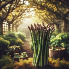 Freshly Harvested Medicinal Asparagus in Rustic Farm Greenhouse with Baskets