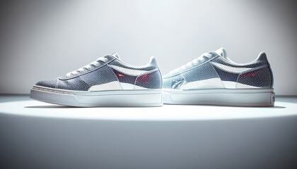 Luxury edition sneakers with a dazzling chrome finish, sparkling under soft lighting on a white stage
