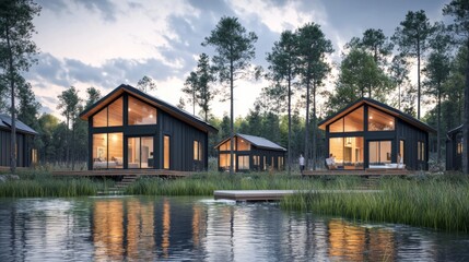 Obraz premium Modern cabins beside tranquil water in lush forest setting during sunset with warm illumination reflecting on the surface