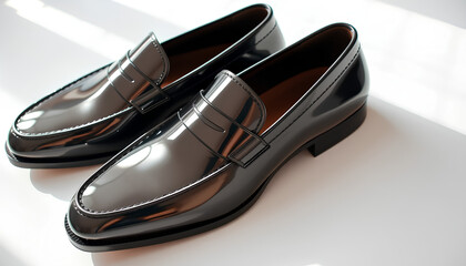Luxury executive loafers with a crystal-clear shine, highlighting their impeccable craftsmanship on a white surface